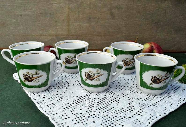 Set of 6 Vintage Soviet Era Wild Birds Design Green/&White Porcelain Small Petite Coffee Cups Made in USSR Retro Soviet Time China Drinkware