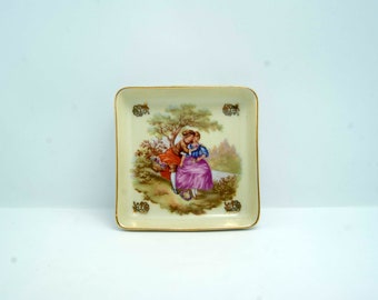 Vintage Royal Vienna Beehive Mark Yellow Fragonard Love Story Small Square Trinket Dish Collectible Fragonard