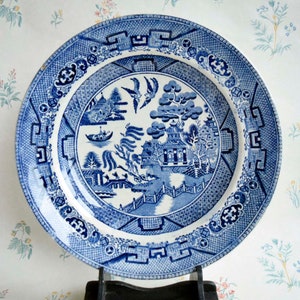 Antique Blue Willow Pattern Transferware Stone Ware Plate Staffordshire Pottery? Unknown Trade Mark Collectible Old Blue Willow Tableware