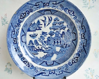 Antike blaue Willow Steingut Teller von Staffordshire