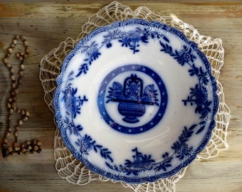 Antique Victorian English Semi Porcelain Flow Blue and White Transfer Large Serving Bowl with Relief Decorated Edge Stamped Reg nr. 545331