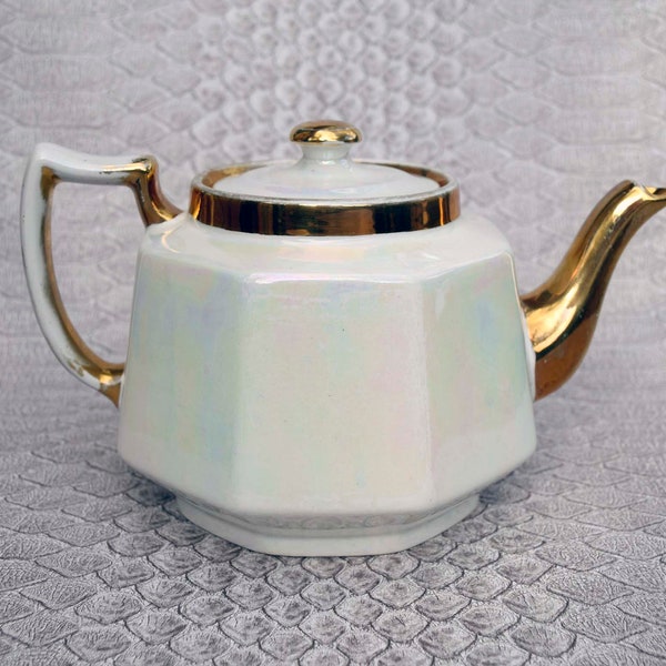 Vintage H.J.Wood Ltd Burslem England Lustreware Cream Color with Gold Trim Teapot Retro English Teatime Iridescent Chinaware Teapot
