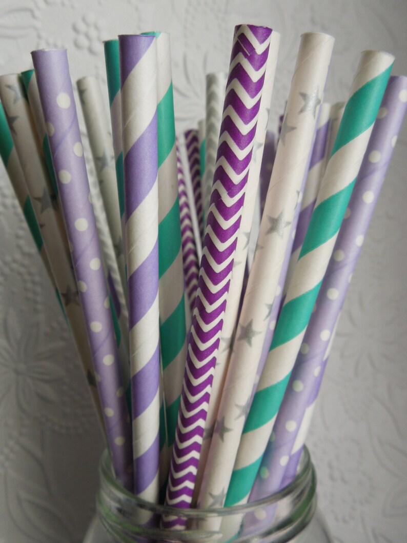 50 Paper Straws Lavender Straws Purple Stripe Straws Aqua Etsy