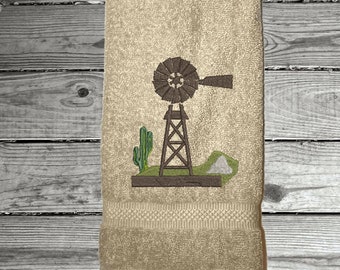 Windmill Bath Hand Towel, Farmhouse Theme Bathroom Towel, Housewarming Gift, Wedding Gift, New Home Bath Decor, Personalized Towel Gift