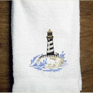 Embroidered Hand Towel, nautical lake decor housewarming ideas, beach towel gift lighthouse decor kitchen bathroom towel, gift for mom