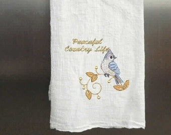 Bluebird Tea Towel, Embroidered Flour Sack Dish Towel, Custom Tea Towel Home Decor, Kitchen Towel Hand Towel Mother's Day Gift