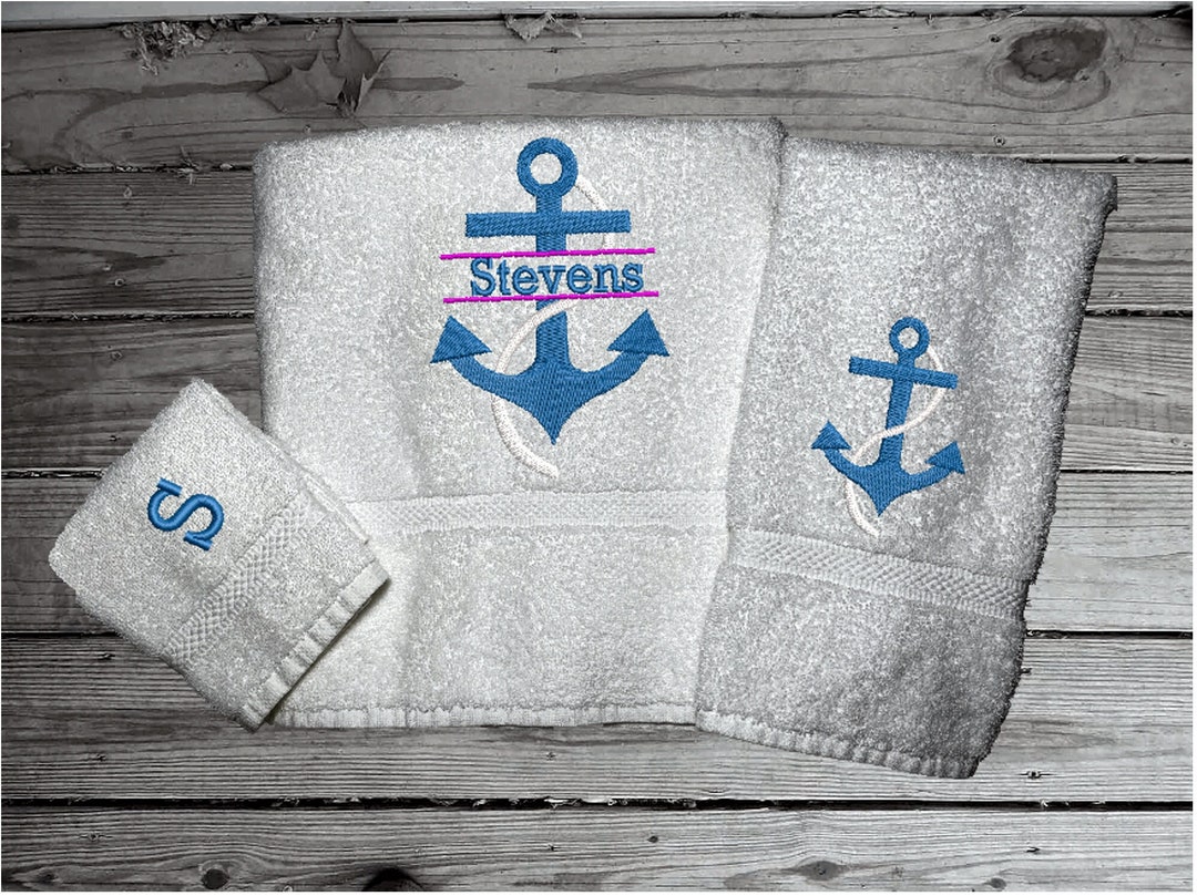 Nautical Luxury Bath Towel Set or Individual, Bath Hand Washcloth Name With Anchor, Personalized
