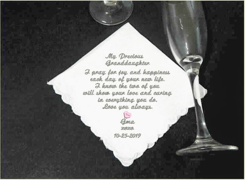 Granddaughter gift embroidered wedding handkerchief for a bride something old and blue for wedding day personalized custom gift