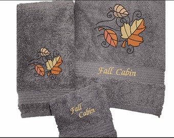 Luxury Bath Towel Set, Bath, Hand, Washcloth, Embroidered Fall Leaves Custom Towels, Personalized Wedding Gift, Housewarming Gift Custom