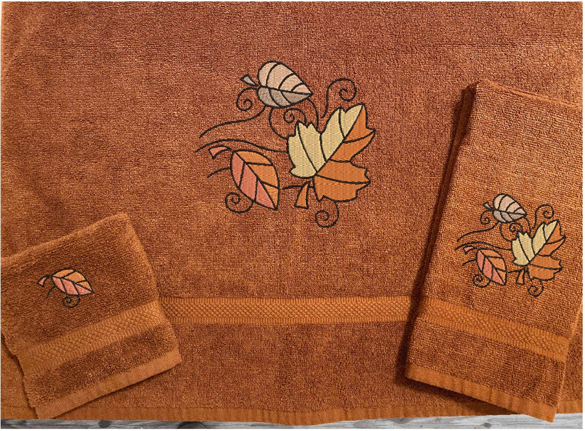 Fall Leaves Embroidered 3 Piece Set Beige Bath Towel Hand Etsy