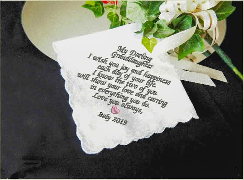Granddaughter gift embroidered wedding handkerchief for a bride something old and blue for wedding day personalized custom gift