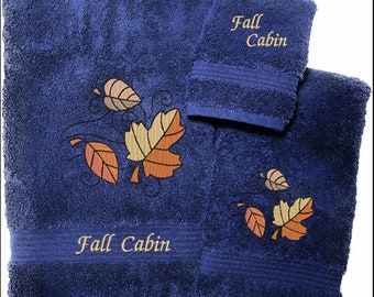 Bath Towel Set, Embroidered Fall Leaves Design Home Decor Custom Towels, Personalized Wedding Gift, Housewarming Gift Custom