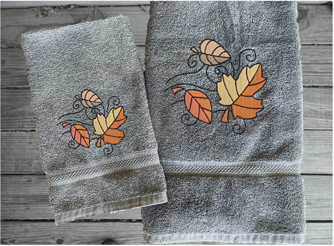 Fall Leaves Embroidered 3 Piece Set Beige Bath Towel Hand Etsy