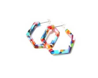 Colorful acrylic earrings: Hexagon hoop earrings with stainless steel stud earrings, geometric jewelry