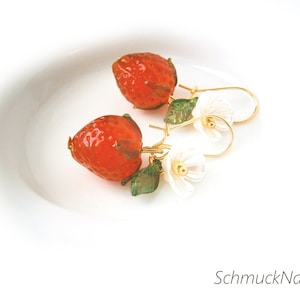 Strawberry earrings, gold-plated stainless steel earrings with red berry and white blossom, fruit jewelry