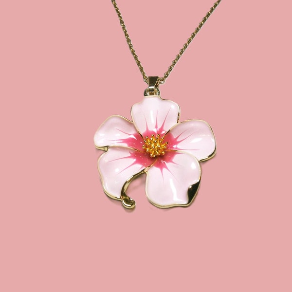 Halskette Hibiskus Blüte, Kette mit rosa Blumen Anhänger, Emaillierter Halsschmuck, Camelie