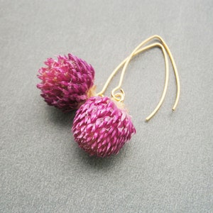 Real clover flower earrings: Gold-plated stainless steel drop earrings, flower purple or pink