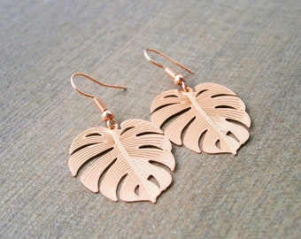 Monstera leaf earrings rose gold plated or painted light green, earrings leaves