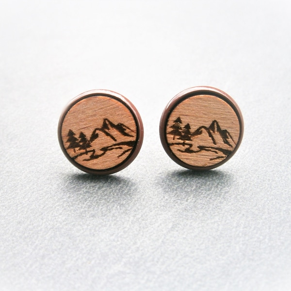 Earrings mountains wood, unisex stud earrings engraved, wooden jewelry with engraving