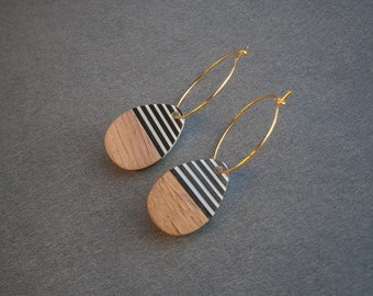 Gold-plated EARRINGS with WOODEN RESIN drop pendants black and white striped, stainless steel earrings, hoop earrings