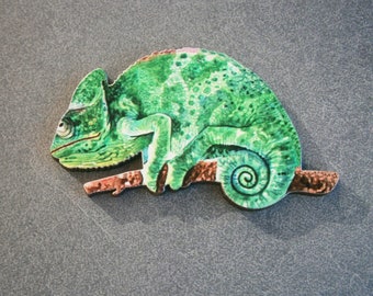 Chameleon Brooch Wood, Pin Reptile, Green Wooden Brooch Frog