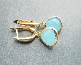 Golden earrings with light blue crystals, gold plated earrings, crystal earrings turquoise blue