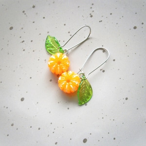 Earrings mandarin orange with leaf, fruit earrings stainless steel, antiallergic fruit earrings