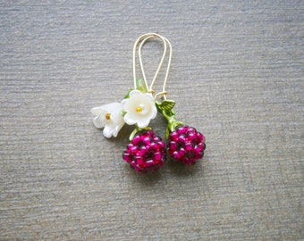 Raspberry earrings with flowers and leaves, gold-plated stainless steel earrings, blackberry fruit earrings, berry fruit earrings