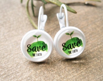 Statement earrings Save the Earth, white enamel earrings with saying, motif earrings