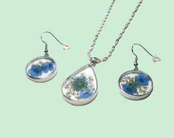 Vergissmeinnicht Halskette Ohrringe Silber 925, Kette und Ohrhänger Sterlingsilber mit getrockneten Blumen, Schmuckset gepresste Blüten