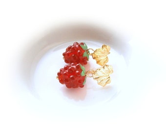 Raspberry earrings with gold plated leaves, fruit earrings glass, fruit earrings berry