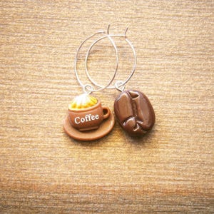 Coffee earrings, silver earrings with coffee bean and coffee cup cappuccino, hoop earrings or ear studs coffee to go cup wood