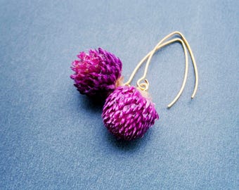Real clover flower earrings: Gold-plated stainless steel drop earrings, flower purple or pink