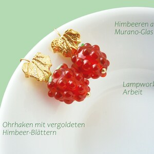 Raspberry Earrings: Gold-plated stainless steel drop earrings with red berries, fruit jewelry, fruit image 3
