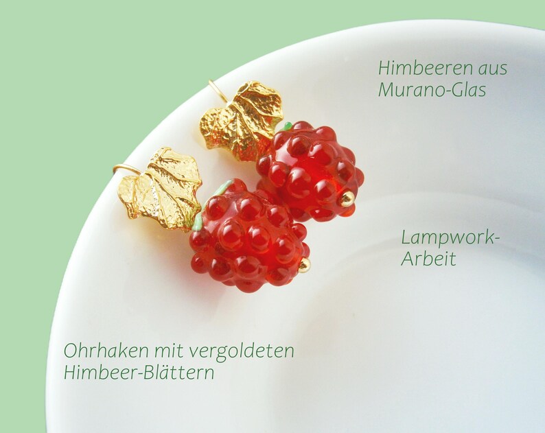 Raspberry Earrings: Gold-plated stainless steel drop earrings with red berries, fruit jewelry, fruit image 3