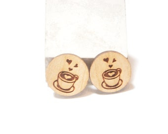 Holz Ohrstecker Kaffee Ohrringe Kaffeetasse Kaffeebecher, Coffee to go Becher, Unisex Stecker