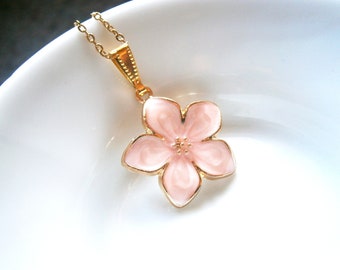 Pink flower necklace, chain with flower pendant, gold-plated stainless steel link chain, enameled cherry blossom