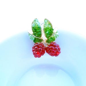 Raspberry Earrings: Gold-plated stainless steel drop earrings with red berries, fruit jewelry, fruit image 6