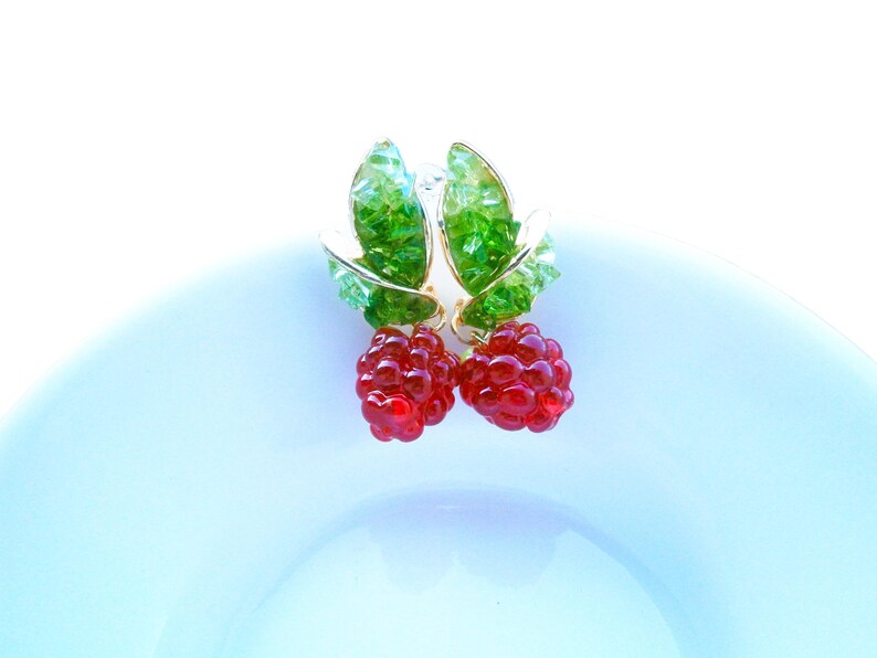 Raspberry Earrings: Gold-plated stainless steel drop earrings with red berries, fruit jewelry, fruit image 6