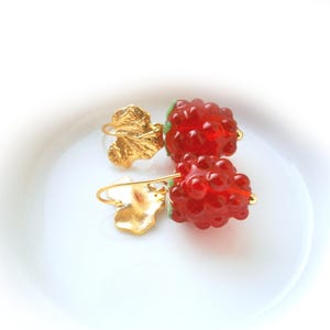 Raspberry Earrings: Gold-plated stainless steel drop earrings with red berries, fruit jewelry, fruit image 4