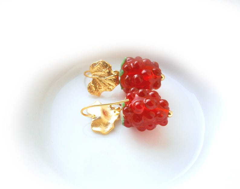 Raspberry Earrings: Gold-plated stainless steel drop earrings with red berries, fruit jewelry, fruit image 4
