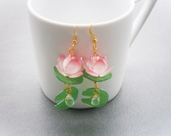 Pink water lily earrings with green leaf pendant and glass drops, flower earrings, lotus flower earrings