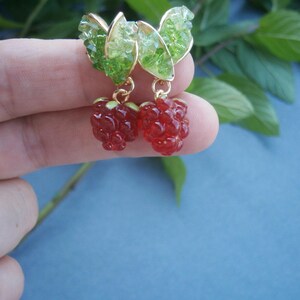 Raspberry Earrings: Gold-plated stainless steel drop earrings with red berries, fruit jewelry, fruit image 7