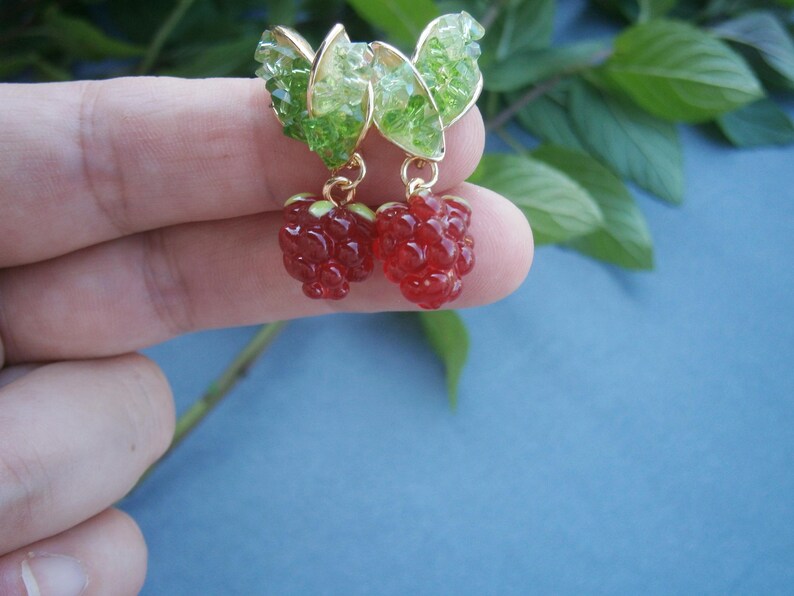 Raspberry Earrings: Gold-plated stainless steel drop earrings with red berries, fruit jewelry, fruit image 7