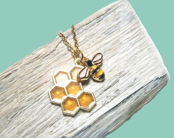 Necklace bee honeycomb, chain gold plated, bee necklace, pendant honey yellow enamelled, enamel jewelry