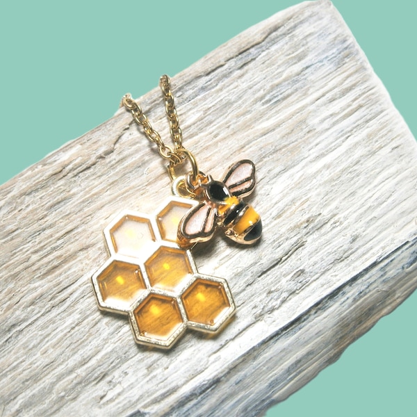Halskette Biene Wabe, Kette gold vergoldet, Bienenkette, Anhänger Honig gelb emailliert, Emaille Schmuck