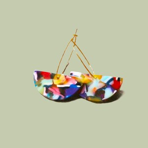 Colorful acrylic earrings: Gold stainless steel drop earrings, semicircle or circle, rainbow colors, geometric shape