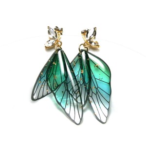 Butterfly earrings with butterfly wings: Crystal glass stud earrings with green and blue wing pendants, statement drop earrings image 3