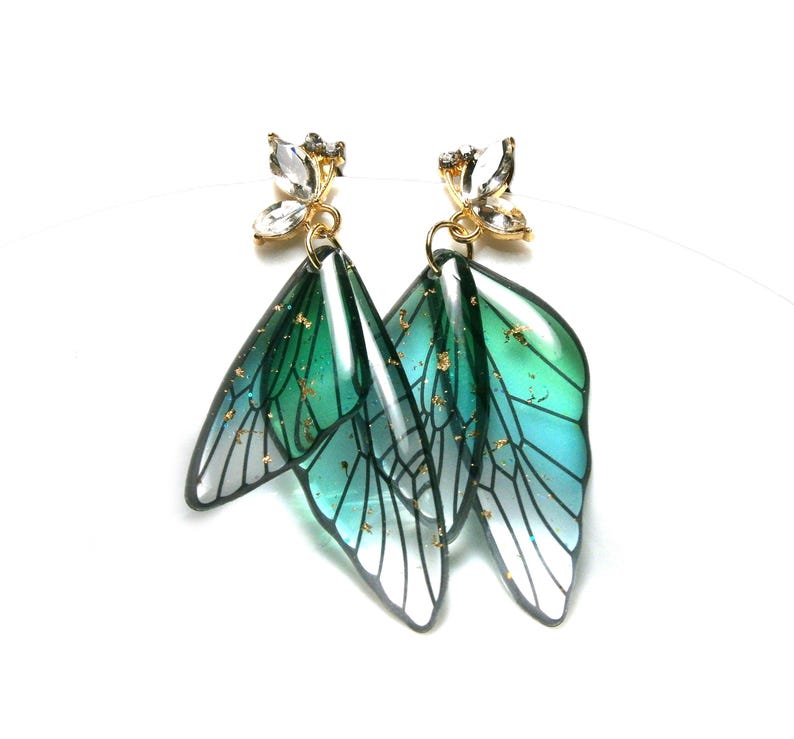 Butterfly earrings with butterfly wings: Crystal glass stud earrings with green and blue wing pendants, statement drop earrings image 3