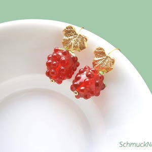 Raspberry Earrings: Gold-plated stainless steel drop earrings with red berries, fruit jewelry, fruit image 2